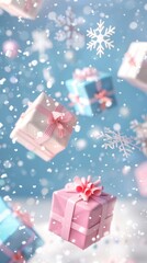 A blue, pink, and white box with a pink bow is flying through the air