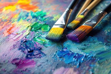 Obraz premium Bright paint splashes cover the palette, while brushes rest on a canvas, capturing the essence of abstract artistry. Generative AI