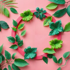 A vibrant pink background features a circular arrangement of green leaves and flowers, with a central pink plate and a border of green leaves, creating a visually appealing and harmonious composition