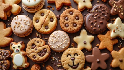 An assortment of creatively decorated cookies in different shapes and colors, displayed on a table.