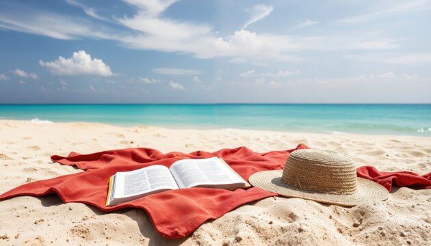 A serene beach scene features a red blanket with an open book and a straw hat on the sand, overlooking the azure ocean and sky, creating a tranquil atmosphere