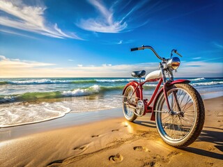 Fototapeta premium Stylish beach cruiser motorbike parked on sandy shore with ocean waves and clear blue sky backdrop