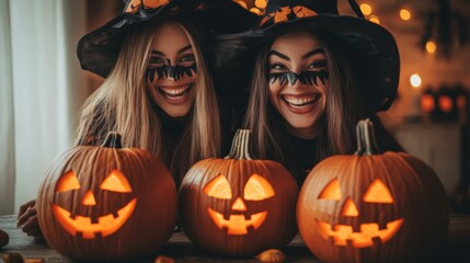 Halloween Celebrations with Witches and Pumpkins in an Autumn Forest Setting