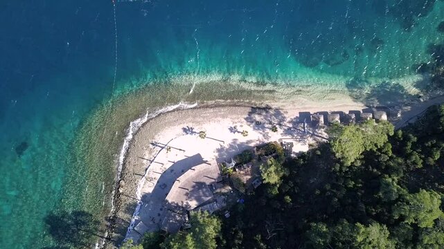 Drone view of a beautiful quite beach in Fethiye Turkey 