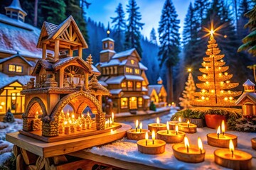 Fototapeta premium Traditional Erzgebirge Schwibbogen with intricate wooden carvings and warm candlelight ambiance