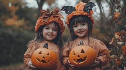 Naklejka premium Halloween Celebrations with Witches and Pumpkins in an Autumn Forest Setting