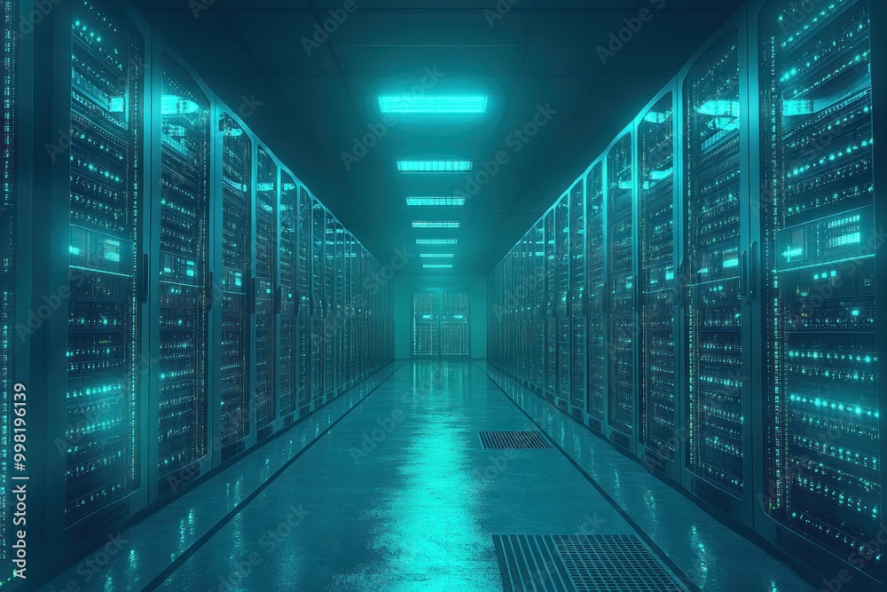 Poster A long corridor of server racks in a data center, lit by blue fluorescent lights.