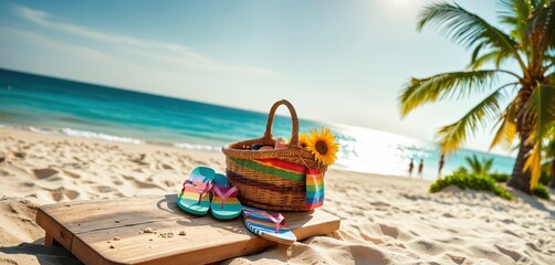 A serene beach scene features a colorful woven basket with a sunflower, a pair of colorful flip flops, and a wooden board with a sunflower