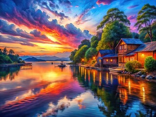 Fototapeta premium Tranquil Dusk Painting with Soft Hues and Serene Atmosphere Capturing the Beauty of Twilight