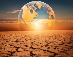 Obraz premium Conceptual representation of climate change highlighting Earth's vulnerability against a backdrop of cracked soil and a setting sun