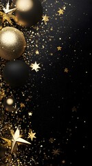Black background with golden stars and metallic balls on the side of the frame, creating an elegant atmosphere for product display or promotion