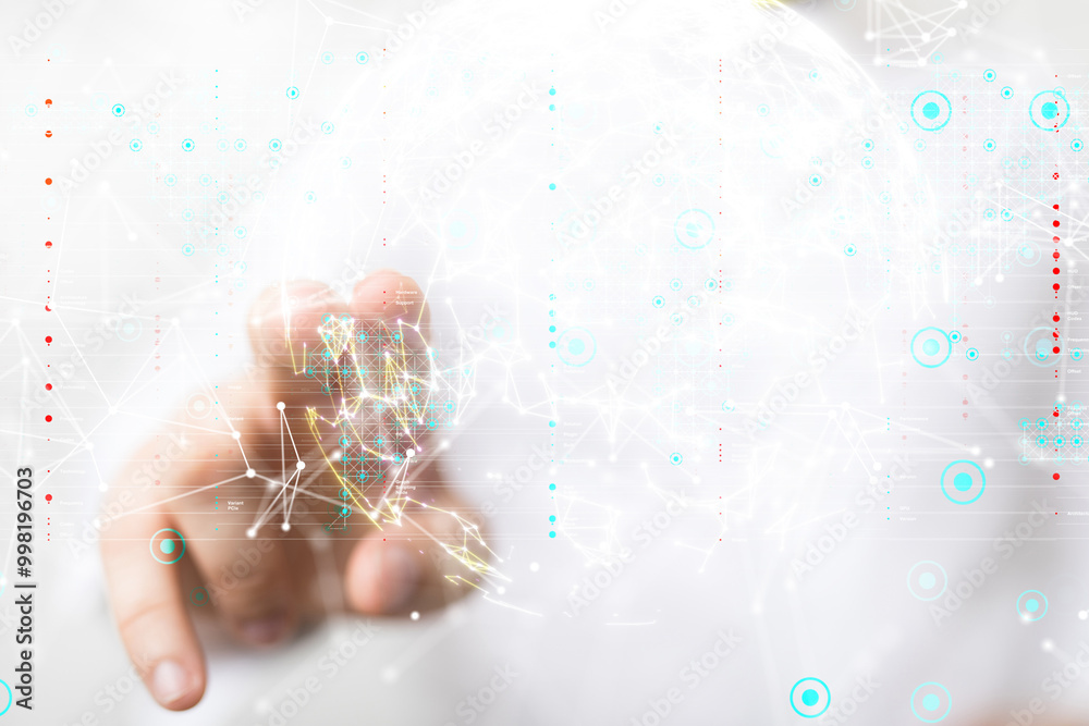 Poster Neural network 3D illustration. Big data and cybersecurity