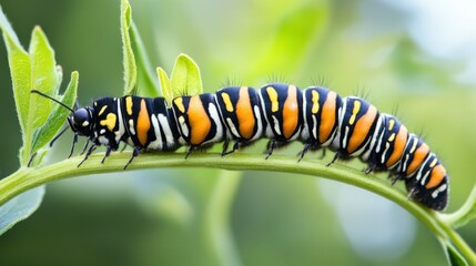 Fototapeta premium Black, Orange, and White Striped Caterpillar on a Green Stem