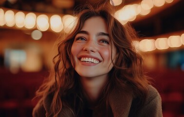Smiling young woman in a theater, glowing with joy