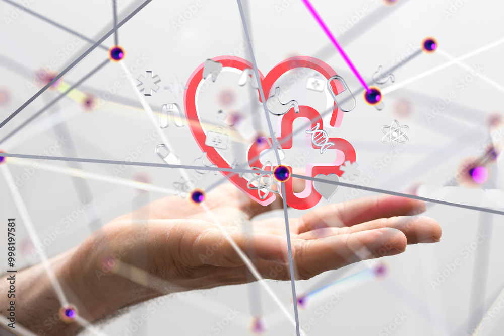 Poster Neural network 3D illustration. Big data and cybersecurity - 3d
