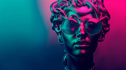 Fototapeta premium Medusa with sunglasses in front of a neon background