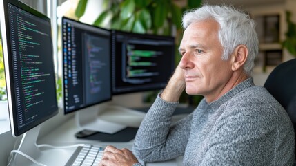 Obraz premium A man sitting at a desk with two computer monitors, AI