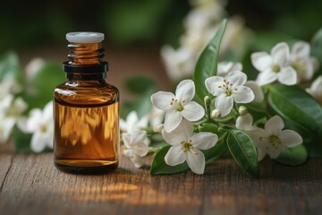 blooming jasmine flowers beside a bottle of essential oil, representing natural beauty concept