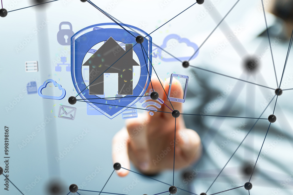 Poster home iot - Neural network 3D illustration. Big data and cybersecurity