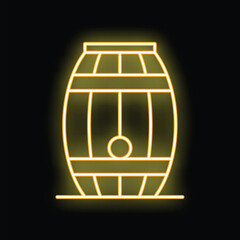 Yellow neon sign of a classic wooden barrel for storing alcoholic beverages, glowing on a black background