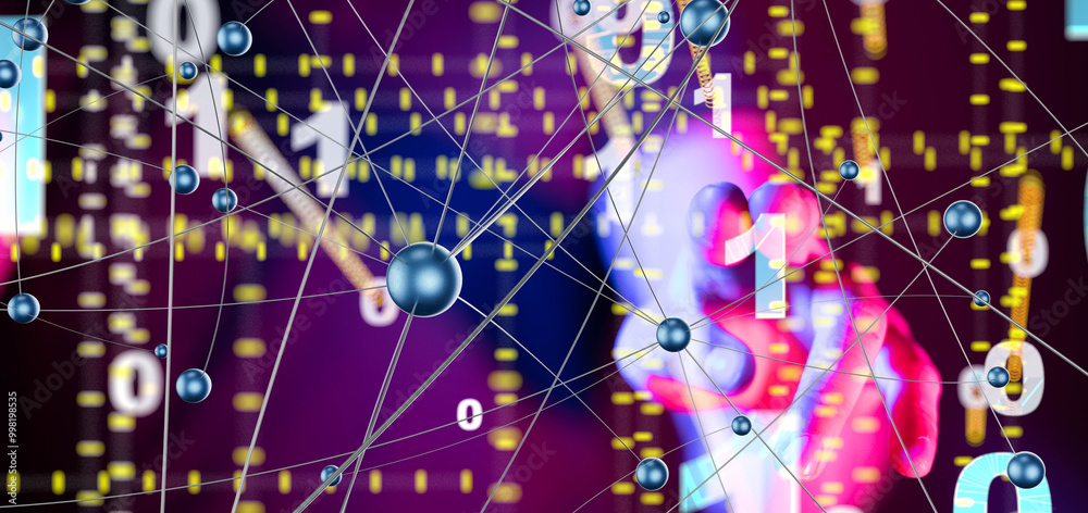 Poster Global network. Blockchain. 3D illustration. Neural networks and artificial intelligence. Abstract