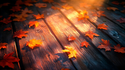 Fallen leaves lay on wooden boards. For backgrounds and presentations. Yellow warm autumn