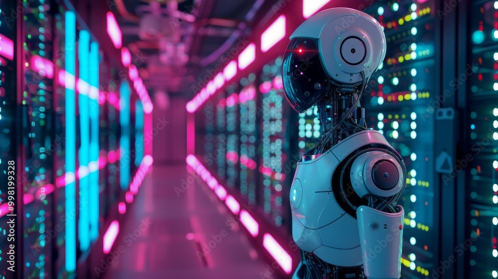 Poster a robot stands in a room with neon lights and a neon sign that says 