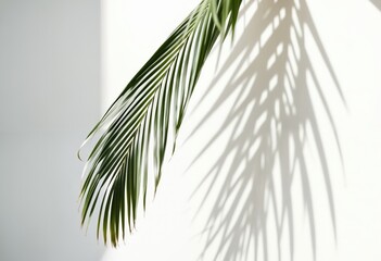 A single, slender green palm leaf with a slightly curled shape is prominently displayed against a white wall, casting a shadow on the right side, creating a serene and tranquil scene