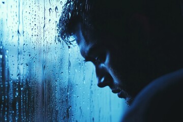 A lone figure stares pensively out at a rain-covered window, with raindrops trickling down, creating a mood of introspection and solitude. Generative AI