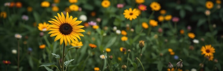 A vibrant field of sunflowers in various colors, with a central sunflower in the foreground, is surrounded by green foliage, creating a serene and tranquil scene