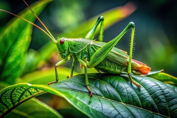 Vibrant Green Catydid Resting on a Leaf in Its Natural Habitat Surrounded by Lush Foliage