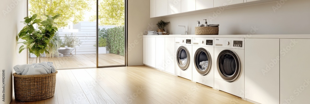 Poster this functional laundry room combines built-in washing and drying machines with stylish cabinetry an