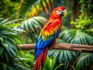 Vibrant macaw perched on branch showcasing colorful plumage in a lush tropical rainforest environment