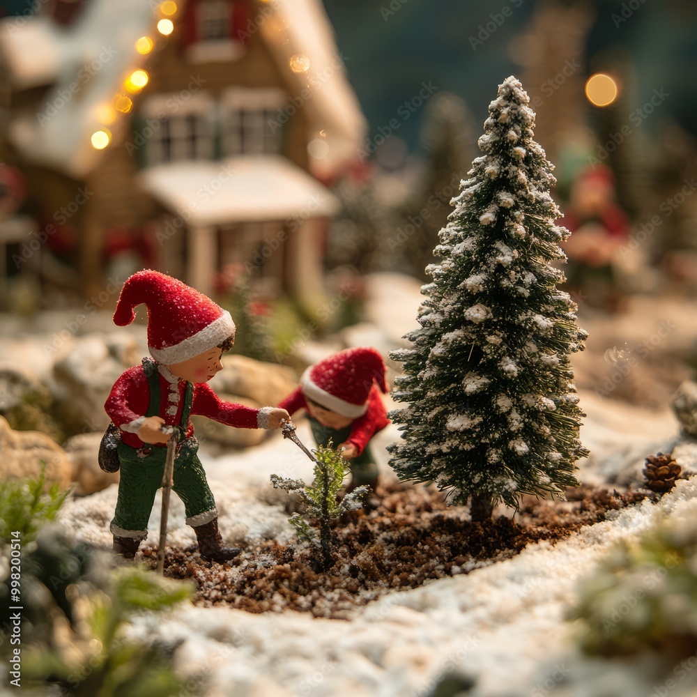 Poster Two miniature elves decorate a miniature Christmas tree in a snowy village scene.