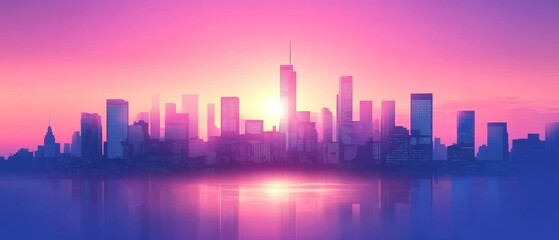 Fototapeta premium City Silhouette with Skyscrapers at Sunset in Pink and Blue Tones