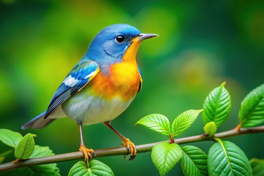 Vibrant Parula Bird Perched on Branch Surrounded by Lush Greenery in a Natural Habitat Setting