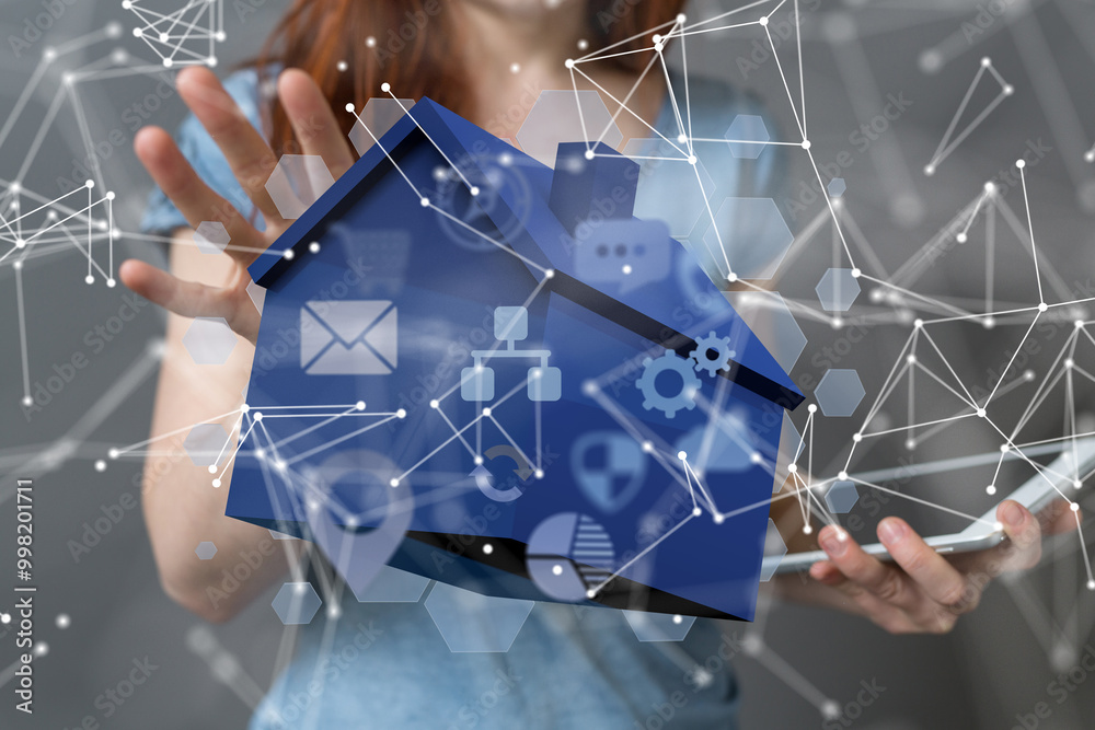 Poster home iot - Neural network 3D illustration. Big data and cybersecurity