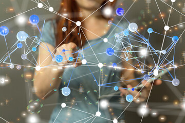 abstract lines with dots over dark background.