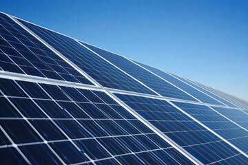 Solar farm with rows of panels under a clear blue sky