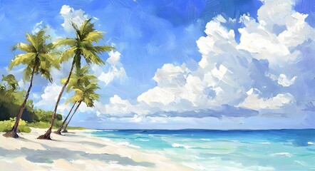 Fototapeta premium Serene beach scene with palm trees, soft waves, and a vibrant sky, perfect for relaxation and tropical escapes.