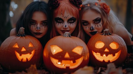 Fototapeta premium Halloween Celebrations with Witches and Pumpkins in an Autumn Forest Setting