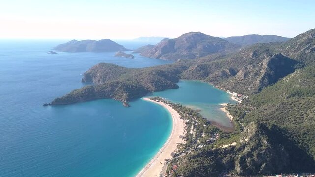 Breathtaking drone view of Oludeniz City and its incredible beaches and landscape in Fethiye Turkey