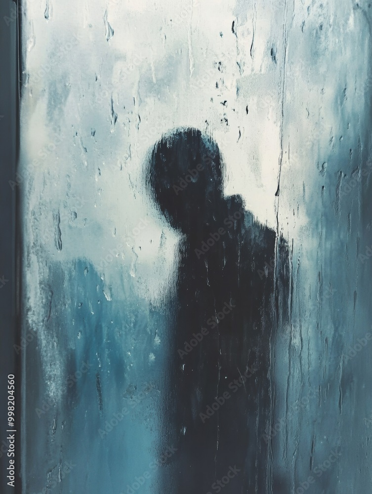 Poster a lone person stands by a rain-splattered window, immersed in introspection as raindrops trickle dow