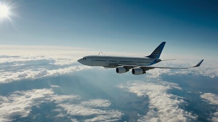 Obraz premium Airplane in the flight, travel background with airplane flying in the blue sky over the clouds. Flying airplane with sunset.