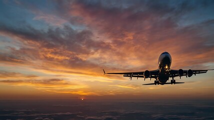 Naklejka premium Airplane in the flight, travel background with airplane flying in the blue sky over the clouds. Flying airplane with sunset.