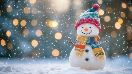Fototapeta premium A snowman with a red hat and scarf is standing in the snow