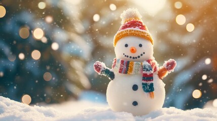 Fototapeta premium A snowman with a red and yellow hat and a scarf is standing in the snow