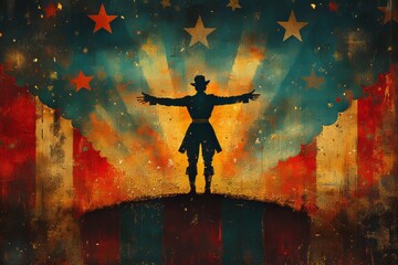 A retro-style circus poster with a bold harlequin pattern and theatrical stripes. Generative AI