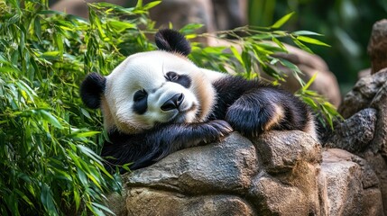 Obraz premium Giant panda bear napping in a comfortable corner of its zoo enclosure, with bamboo plants providing natural decor. Perfect for zoo and animal-related stock photos.