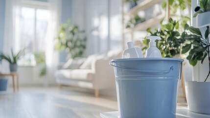 Fototapeta premium A blue bucket with cleaning supplies sits in a living room